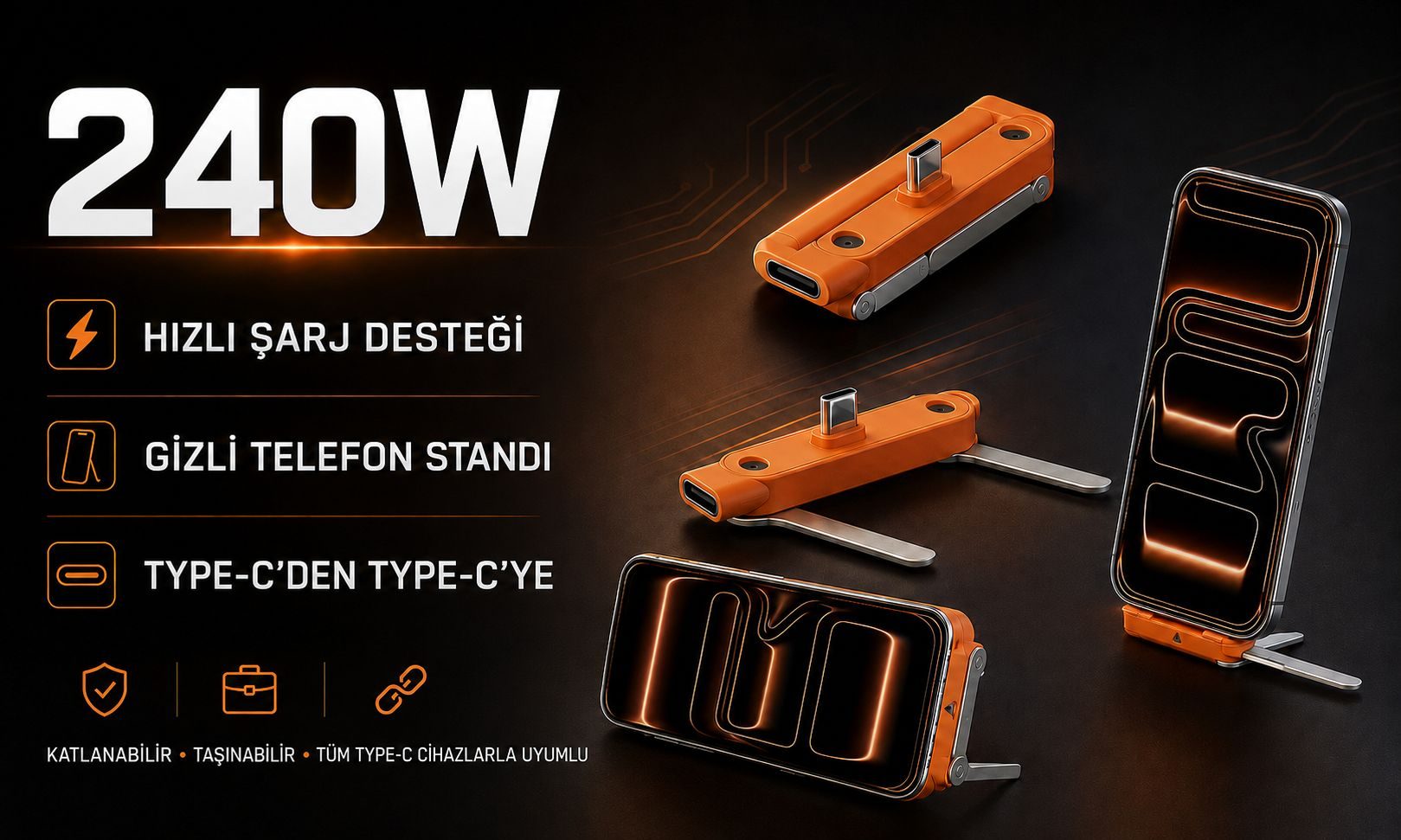240W Type-C Katlanabilir Şarj Standı ve Telefon Tutucu