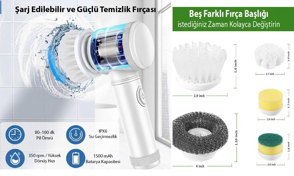 Magic Brush 5 in 1 Kablosuz Şarjlı Temizlik Fırçası