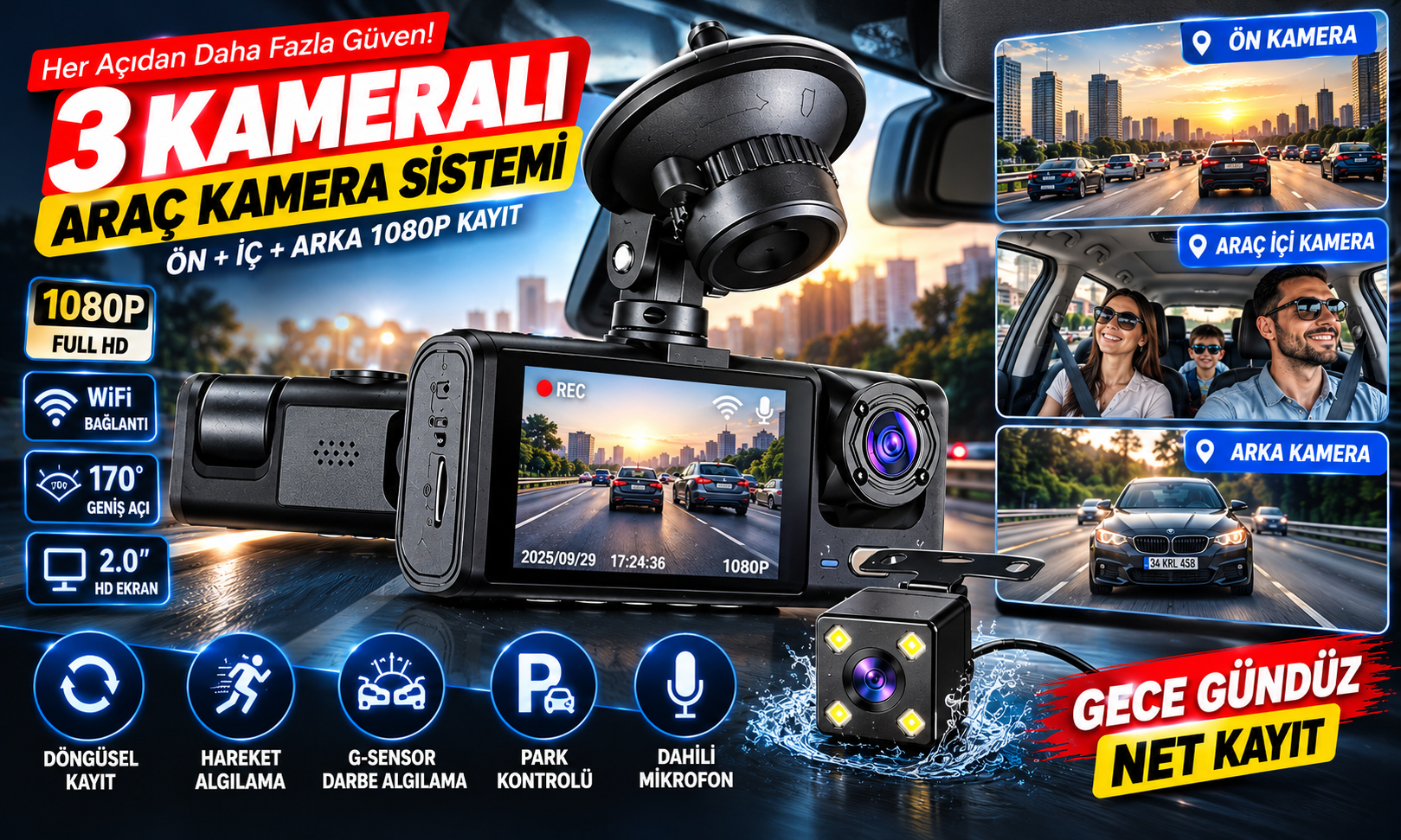 3 Kameralı 1080P Araç Kamerası Ön İç Arka Kamera WiFi