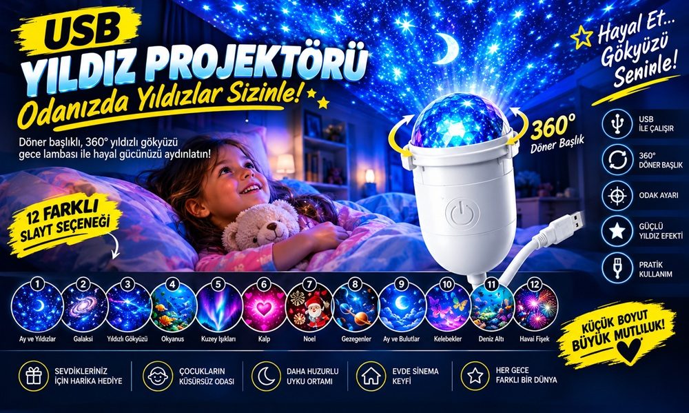 USB Yıldız Projektörü 12 Farklı Başlıklı